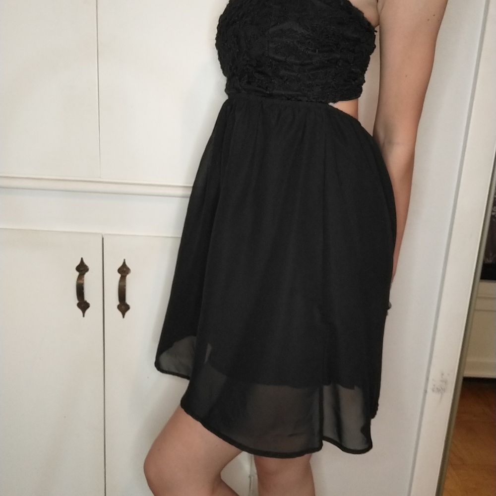 Black strapless mini dress